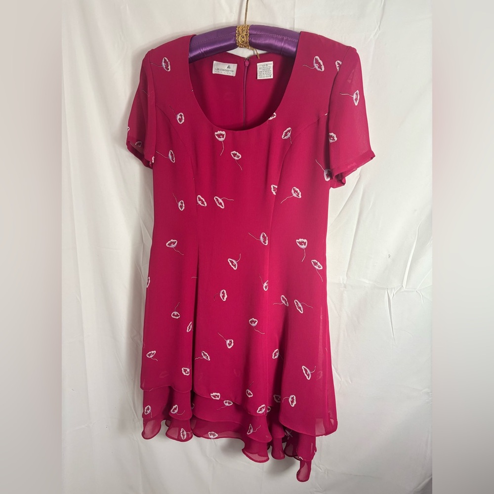 VTG 90s Y2K Pink Structured Short Sleeve Ruffle Hem Scoop Neck Midi Dress Size S
